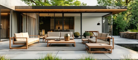 Fototapete - Wooden garden furniture on backyard near modern house. with copy space image. Place for adding text or design