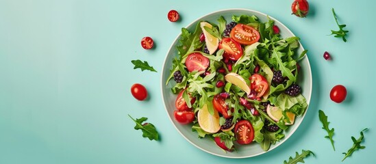 Poster - Flat lay, top view salad with fresh fruits and tomato Home made food Isolated on pastel background. with copy space image. Place for adding text or design