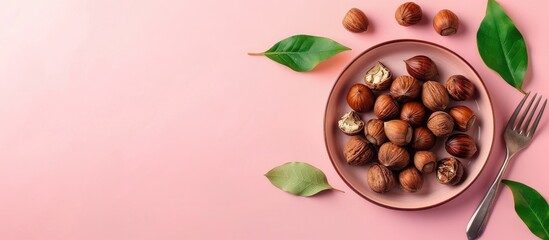 Leinwandbilder - Chestnuts food with fork from rain forest pastel background. with copy space image. Place for adding text or design