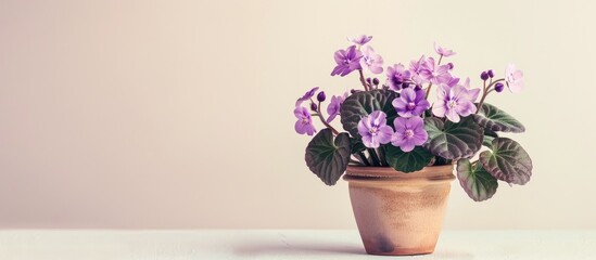 Fototapete - Saintpaulias, commonly known as African violet, is a flowering plants in the family Gesneriaceae. Potted plant. White background. with copy space image. Place for adding text or design