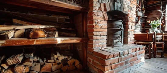 Poster - Fragment of the interior of a country house. Traditional brick fireplace. Near the oven there is wood. The concept of coziness of a country house with preservation of ancient traditions