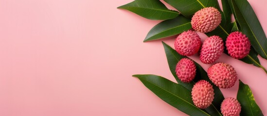 Fototapete - Lychee with leaves Isolated on pastel background. Tropical fruit. with copy space image. Place for adding text or design