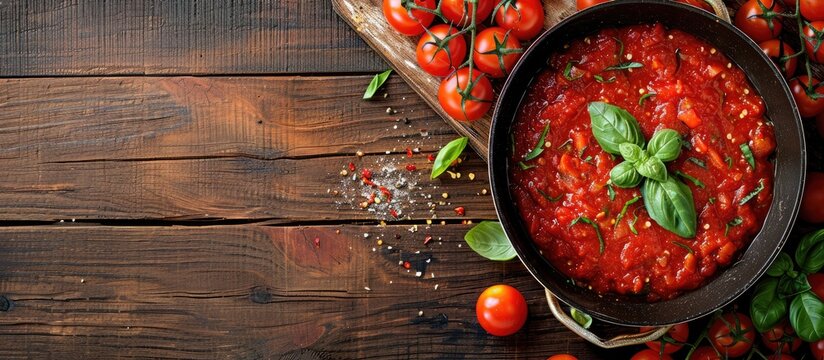 Classic homemade Italian tomato sauce with basil for pasta and pizza in the pan on wooden background, top view. Copy space image. Place for adding text or design