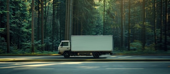 Wall Mural - italian delivery truck in motion on forest road. ther is a path for the cabin and the bilboard. copy