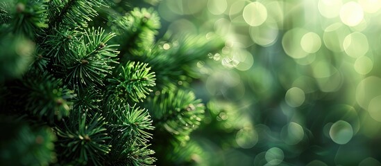 Poster - Brightly green prickly branches of a fir-tree or pine. with copy space image. Place for adding text or design