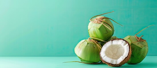 Poster - Green fresh coconut fruit which is a tropical fruit that have sweet juice Isolated on pastel background and space for text. with copy space image. Place for adding text or design