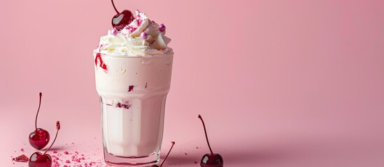 Poster - Glass of delicious, white vanilla milkshake with cream, cherry syrup and candy powder or cocktail, Isolated on pastel background. Ice cream. with copy space image. Place for adding text or design