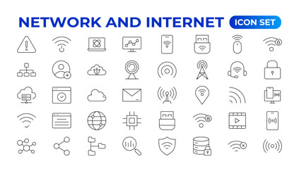 Set of Network and Internet outline icons. linear icon collection for online, computer, network, website, server, web design, hardware, software, and programming. Solid icons illustration collection.