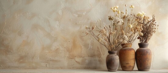 Wall Mural - Dried flowers in brown pots. with copy space image. Place for adding text or design