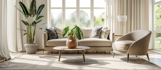 Aufkleber - Comfortable living room with soft carpet light sofa with cushions coffee table ad armchair potted plant and wide windows. with copy space image. Place for adding text or design