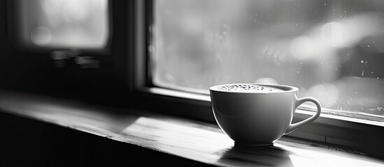 Aufkleber - White cup of coffee on a sunlit window sill. Black and white image, selective focus. with copy space image. Place for adding text or design