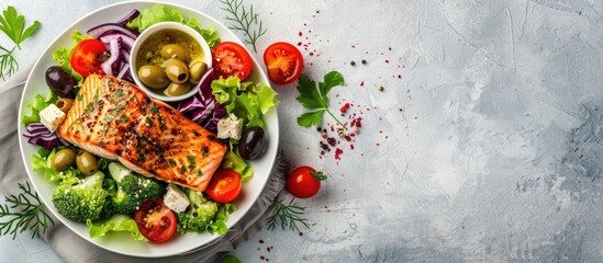 Wall Mural - Grilled salmon fish fillet and fresh vegetable salad with tomato, olives, lettuce, feta cheese. Mediterranean food - greek salad and roasted salmon on white table. with copy space image