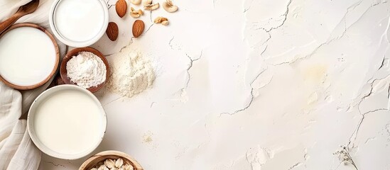 Aufkleber - various vegan plant based milk and ingredients - food and drink. with copy space image. Place for adding text or design
