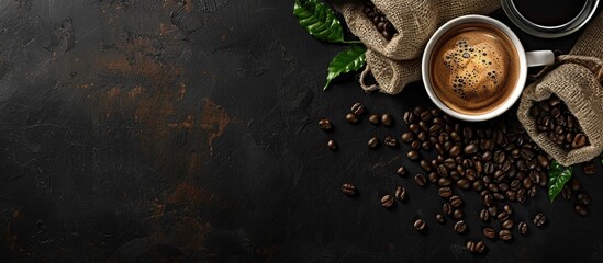 Fototapete - cup of coffee and coffee beans in a sack on dark background, top view. Copy space image. Place for adding text or design