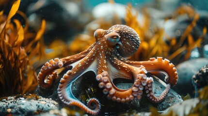 A close-up of an octopus on a rock with algae, surrounded by water.