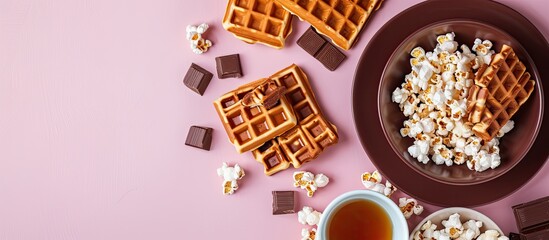Fototapete - Belgian waffles with caramel topping, chocolate bars and popcorn. pastel background. with copy space image. Place for adding text or design