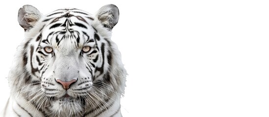 Wall Mural - Face of a white bengal tiger, isolated on white background. Mask of the biggest cat. Wild beauty of the most dangerous and mighty beast. Copy space image. Place for adding text or design