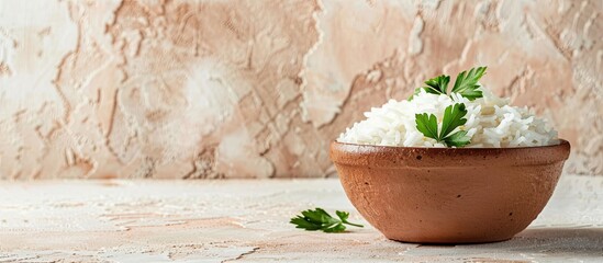 Aufkleber - Cooked plain white basmati rice in terracotta bowl over plain or pastel background. with copy space image. Place for adding text or design