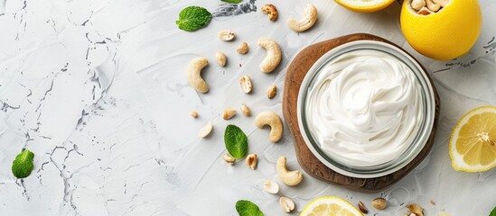 Aufkleber - Tray with cashew sour cream, nuts and lemon juice on light background, closeup. Copy space image. Place for adding text or design