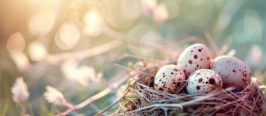 Poster - quail eggs in nests. Selective focus, toned photo pastel background. with copy space image. Place for adding text or design