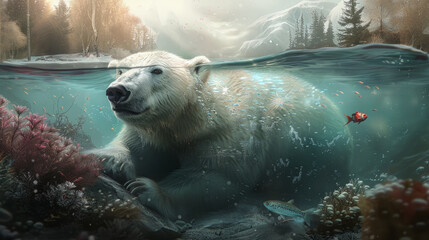 Wall Mural - Polar bear swimming in an icy river with glowing underwater plants and mystical fish. 