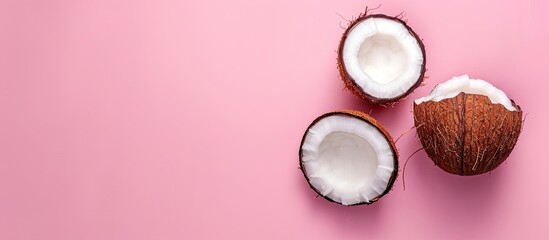 Poster - Ripe half cut coconut on a pastel background. Ripe half cut coconut on a pastel background. Coconut cream and oil. with copy space image. Place for adding text or design