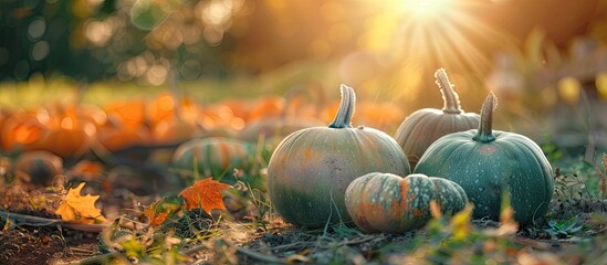 Poster - green and orange pumpkins in garden or on fair. autumn harvest time. natural fall background. with copy space image. Place for adding text or design
