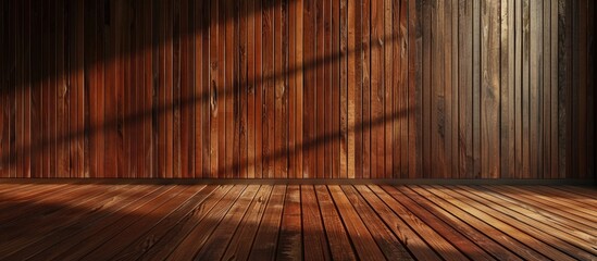 Aufkleber - empty architectural indoor wooden room, reddish wood planks finishing on parquet and wall. with copy space image. Place for adding text or design