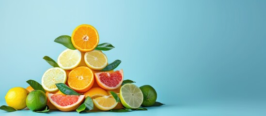 Wall Mural - pyramid of citrus grapefruit, lemon, orange and lime decorated with leaves on a blue background. Copy space image. Place for adding text or design