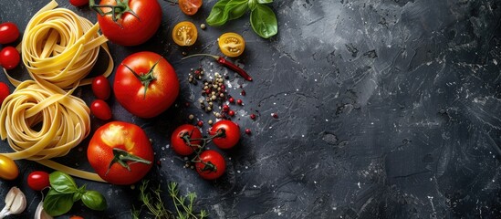 Aufkleber - vegetables and spices for tomato sauce,pasta tagliatelle with tomatoes on dark background, top view. Copy space image. Place for adding text or design