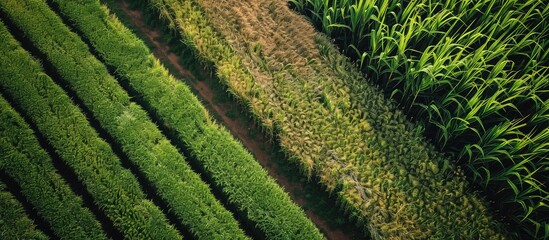 Fototapete - Aerial view of sugarcane plants growing at field. with copy space image. Place for adding text or design