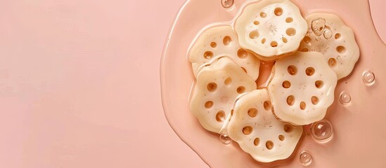Aufkleber - fresh lotus root Isolated on pastel background  Food. with copy space image. Place for adding text or design