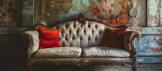 Wall Mural - Old fashioned sofa with retro pillows. with copy space image. Place for adding text or design
