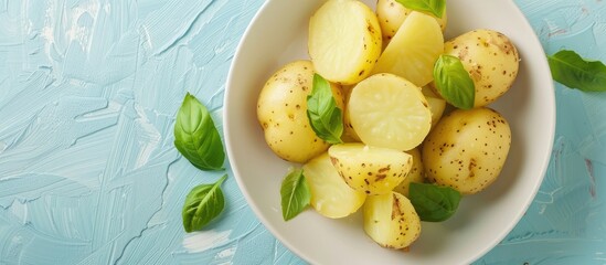 Aufkleber - hot boiled potatoes in a white plate on a pastel background. with copy space image. Place for adding text or design