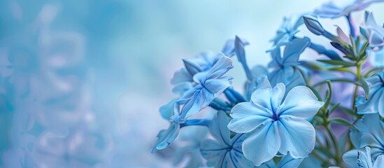 Poster - White plumbago, Cape leadwort, Close up small blue shrubs flowers isolated on pastel background. The side of blooming blue flowers bouquet. with copy space image. Place for adding text or design