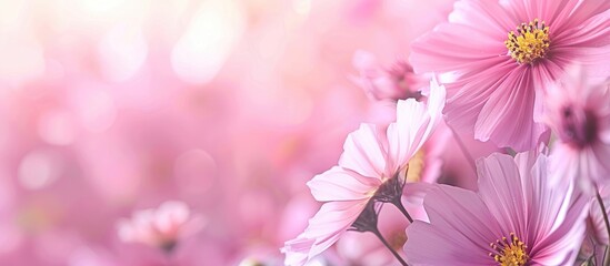 Wall Mural - Pink cosmos flowers pastel background  Flower  Summer. with copy space image. Place for adding text or design
