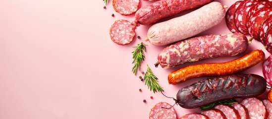 Aufkleber - Different sausages and smoked meats Isolated on pastel background . with copy space image. Place for adding text or design