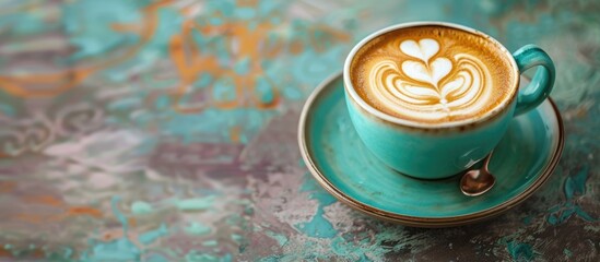 Fototapete - cup of cappuccino coffee with buddhist OM symbol pastel background. with copy space image. Place for adding text or design