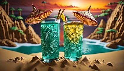 Cool drinks include cocktails, alcohol, colorful glasses, and ice on vacation.