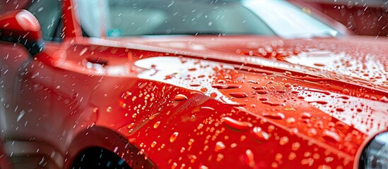 Wall Mural - process of pasting hood of red car with protective vinyl film from gravel chips and scratches. trans
