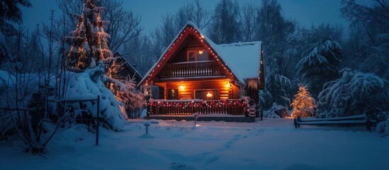 Fototapete - Wooden house with terrace with red illumination in winter evening in village. Copy space image. Place for adding text or design