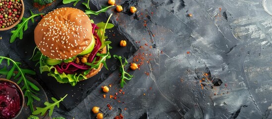 Aufkleber - Vegetarian burger made of beetroot, broccoli and chickpeas with avocado and arugula. Copy space image. Place for adding text or design