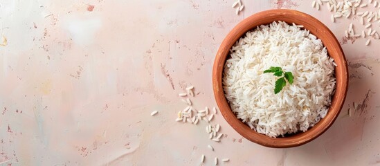 Aufkleber - Cooked plain white basmati rice in terracotta bowl over plain or pastel background. with copy space image. Place for adding text or design