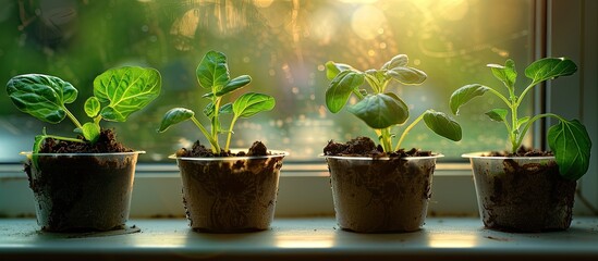 Poster - Indoor seedlings on a windowsill. The green sprouts are growing in small pots with soil and are illuminated by natural light. This image evokes the feelings of spring and new beginnings