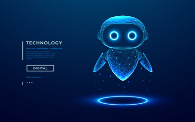 Fototapete - 3D abstract digital AI robot floating above a light blue neon portal. Technology innovation background. Cute blue polygonal futuristic bot assistant. Tech bg. Low poly wireframe vector illustration.