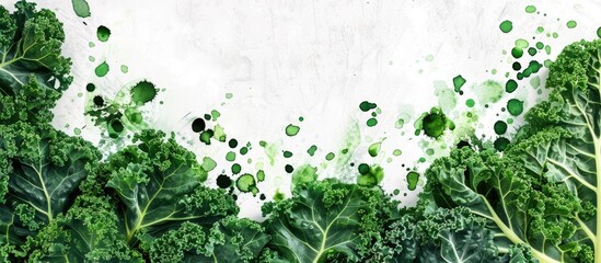 Poster - Creative layout made of green kale with watercolor spots on the white background. Flat lay. Food concept. Copy space image. Place for adding text or design