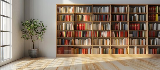 Poster - Interior of light bedroom with wooden book shelves. with copy space image. Place for adding text or design