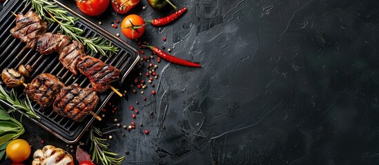 A grill with meat and vegetables on it. Copy space image. Place for adding text or design