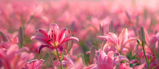 Wall Mural - Field with dozens of arranged and open pink red lilies (Lilium) pastel background. with copy space image. Place for adding text or design