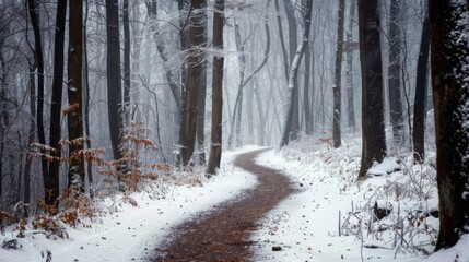 Wall Mural - A snowy forest path with trees covered in snow